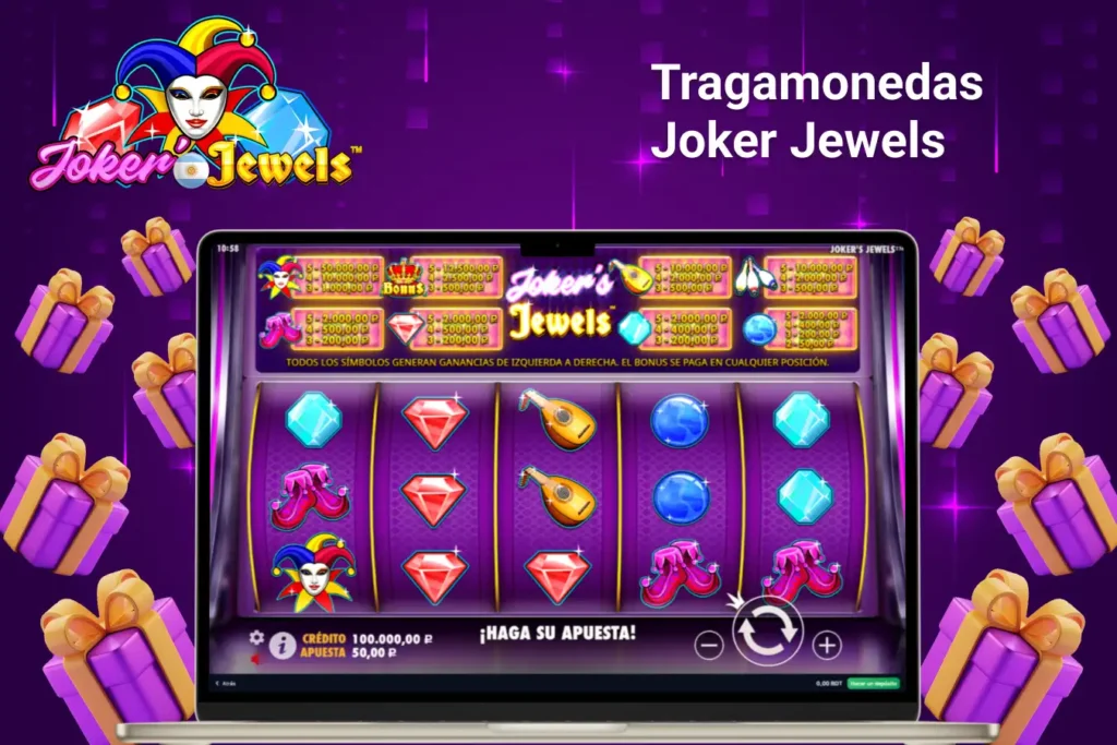 Juego de tragamonedas Joker Jewels mostrando los símbolos y el panel de premios en la pantalla de una computadora